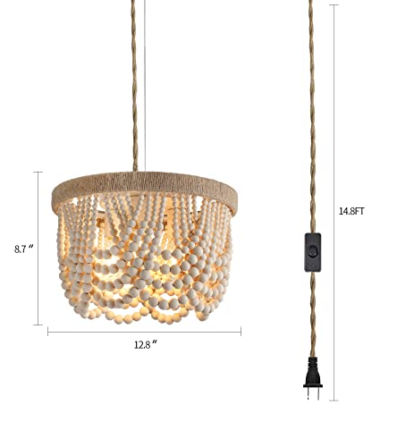AMZASA Plug in Chandelier Boho Woven Hemp Rope Wooden Beaded Farmhosue Hanging Pendant Light Fixture with 14.8FT Cord On/Off Switch 3 Lights for Nursery Bedroom Living Room Dining Room UL Listed - color: Natural Hemp Rope
