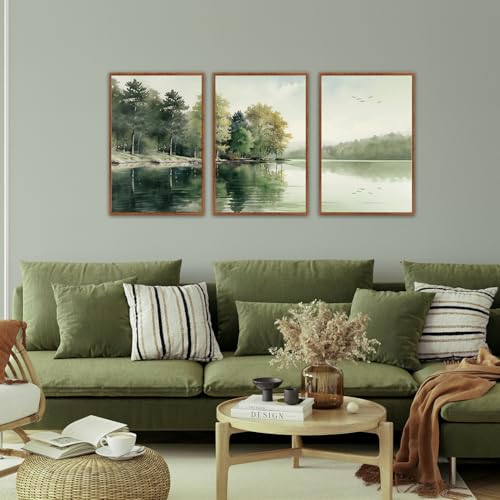 KAIRNE Framed Nature Canvas Wall Art Set,Misty Forest Wall Decor,Green Mountain Forest Pictures,Lake Water Painting set of 3(16”x24”),Landscape Scene Print for Living Room, Bedroom,Gallery Decor - color: Misty Forest(medium), size: 16"Lx24"W