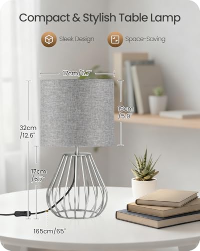 Small Table Lamp, Bedside Lamp with Gray Linen Lampshade & Silver Metal Base, Modern Nightstand Lamp, Little Cute Desk Lamp for Bedroom, Living Room, 2700K LED Bulb Included, SH06TL05 - color: Gray + Silver
