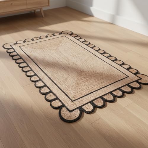 Braided Scalloped Jute Rug Natural with Black Trim, Handmade Farmhouse Boho Area Rug for Entryway, Kitchen, Hallway, Living Room, Bedroom, Rustic Woven Floor Rug - (Black- 3X5 ft) - size: 3' x 5' (Rectangular)