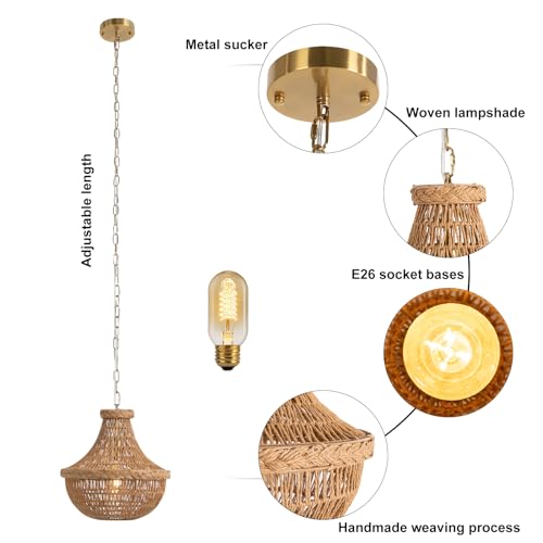 Hand-Woven Bamboo Pendant Light, Lantern Lamp Rattan Single Light Weaving Natural Wooden Ceiling Hanging Fixture with Adjustable Cord for Kitchen Dining Living Room Restaurant Farmhouse (Vase) - color: Vase