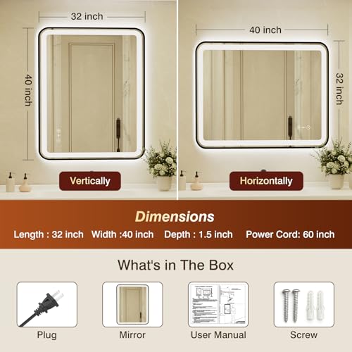 32x40 Inch Black Framed LED Bathroom Mirror with Lights,Smart Bathroom Mirror,Motion Sensor,Tempered Glass,Anti-Fog,Stepless Dimmable & 3 Colors,Memory,Vanity Mirror for Wall - color: Black-with Sensor Lights, size: 32"L x 40"W