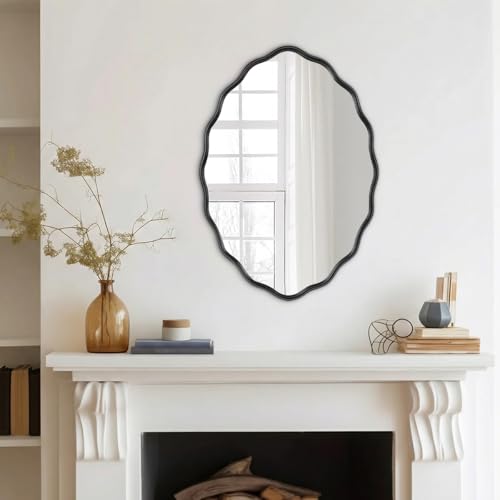 Oval Bathroom Mirror Wall Mounted Large Decorative Wall Mirror for Living Room, Bedroom, or Entryway – Vintage Sunburst Design with Beveled Detailing – Wavy Frame Vanity Mirror (Black) - color: Black