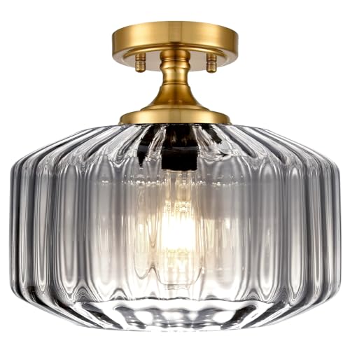 Gray Ribbed Glass Lantern Flush Ceiling Light, Antique Gold Semi-Flush Ceiling Light Fixture, Mid-Century Modern Ceiling Lamp for Foyer, Hallway, Porch, Bedroom - color: Light Gray