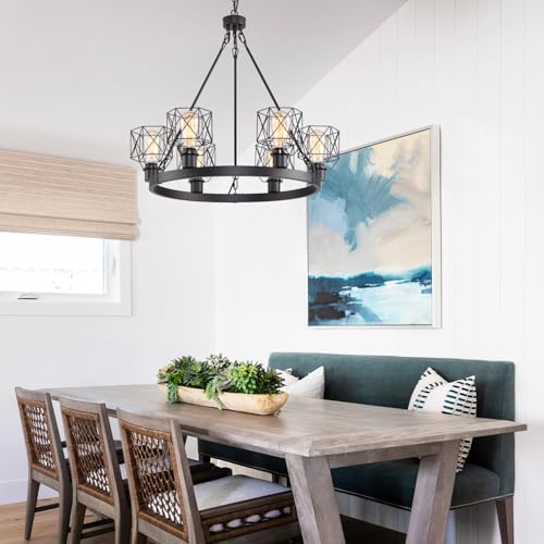 Wagon Wheel Chandelier Modern Farmhouse Pendant Light,Black Farmhouse Chandelier, 6-Light Wagon Wheel Chandelier with Adjustable Height, Dining Room Light Fixture, Hanging Lights - color: C
