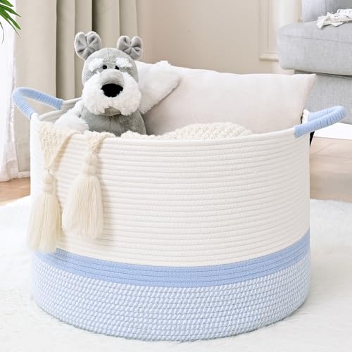 67L Large Blanket Basket, 20"x13" Blanket Basket Living Room, Woven Baskets With Handle, Toy Baskets for Blankets, Nursery, Dog, Pillow, Gift (White & Blue) - color: White & Blue, size: 67L