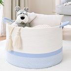 67L Large Blanket Basket, 20"x13" Blanket Basket Living Room, Woven Baskets With Handle, Toy Baskets for Blankets, Nursery, Dog, Pillow, Gift (White & Blue) - color: White & Blue, size: 67L