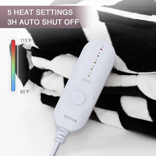 VENTIMI Electric Blanket Heated Throw, 50" x 60" Heated Blanket with 5 Heat Levels & 3 Hours Auto Off, Fast Heating Blankets with ETL & FCC Certification, Black - color: Black, size: Throw
