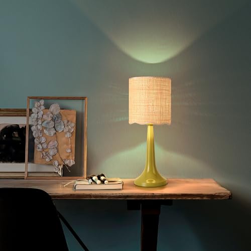 Green Rattan Small Table Lamp for Bedroom, Green Bedroom Lamps for Bedside Nightstand, Small Rattan Shade Table Shape Lamps for Small Spaces for Kitchen Counter, Home Office, Living Room, Kids Dorm - color: Green