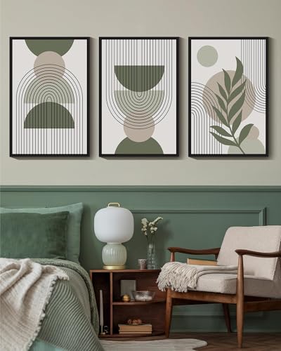 Drsoum 24x36in Large Boho Wall Art Green Sage Decor Framed Wood Modern Bohemian Abstract Geometry Canvas Prints Ready to Hang for Bedroom - Black Framed - color: green boho decor, Black Framed, size: 24" x 36"