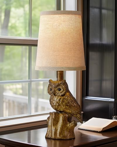 G-SAFAVA 14.25" Small Table Lamp for Living Room Farmhouse Bedside Resin Single Lamp with Gold Owl Lamp Shape for Bedroom Retro Rustic Nightstand Lamp - color: ‏‏‎ ‎Gold