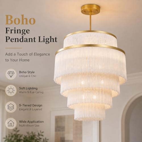 5-Tiered Boho Chandelier with Metal and White Fringe,3 Lights Fringe Pendant Light Fixture,Tassle Chandelier for entryway,Dining Room,Baby Nursery,Gold and White - color: White-Pendant
