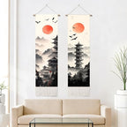 seewan 2 Pack Long Vertical Wall Tapestry, Boho Nature Landscape & Floral Aesthetic Wall Hanging for Bedroom Living Room Home Decor, Long Narrow Art Tapestry with Sunrise Mountain Botanical Designs, 13" × 51" (Zen Pagoda Twilight, 13"Wx51"H, Unframed) - c