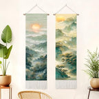 seewan 2 Pack Long Vertical Wall Tapestry, Boho Nature Landscape & Floral Aesthetic Wall Hanging for Bedroom Living Room Home Decor, Long Narrow Art Tapestry with Sunrise Mountain Botanical Designs, 13" × 51" (Mist Mountain Layers, 13"Wx51"H, Unframed) -