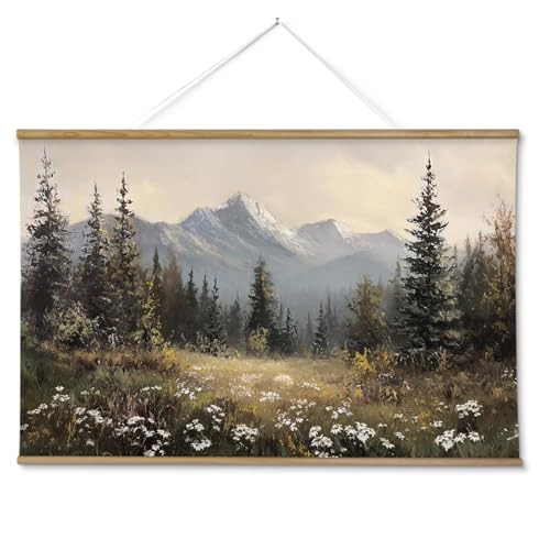 ARPEOTCY Extra Large Vintage Framed Wall Art, 36x54 Inch Wildflower Mountain Forest Hanging Framed Canvas Prints Scroll Wall Art Decor for Living Room Bedroom, Retro Scenery Pictures Above of Bed - color: Snow Mountain Pine Forest