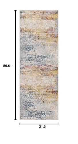 BoutiqueRugs Light Gray Abstract Contemporary 7ft Runner Rug Mustard Ice Blue Navy Alexandra Hallway Kitchen Corridor Stairway Laundry Room 2'7" x 7'3" Stain Resistant Non-Shedding Pet Friendly - color: Gray/Mustard, size: 2'8" x 7'3" (Runner)