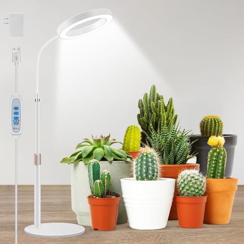 Aumtrly Grow Lights for Indoor Plants, 80 LED Full Spectrum Desk Plant Light for Growing Small Plant, Height Adjustable 24.5" Halo Grow Lamp with Base, 6/12/16H Timer, 3 Light Modes, 5 Dimming - size: 1 head 24.5inch/white