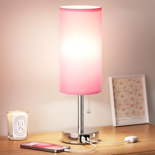 Dicoool Small Bedside Table Lamp for Bedroom, Pink Nightstand Lamp for Girls Kids, 3 Color Temperatures & USB Charging Port, Cute Desk Lamp for Teens Room Decor, Dorm Room Essentials - color: Pink-Silver