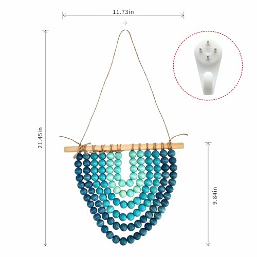 Boho Wooden Bead Garland Wall Hanging Tapestry Ombre Blue Gradient Handmade Wood Beaded Macrame Wall Art Natural Theme Wall Decor for Living Room Bedroom Nursery Dorm Coastal Home Office Decoration