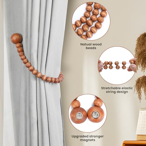 KLOGTSIND Magnetic Curtain Tiebacks, Curtain Tie Backs for Curtains 2 Pack, Wood Bead Curtain Tiebacks, Curtain Holders for Boho Bedroom Decor, Baby Nursery Decor, Farmhouse Decor - color: Brown