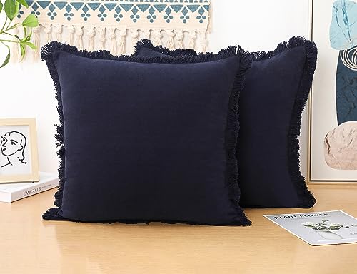 NUYECY Set of 2 Natural Linen Fringed Throw Pillow Covers,Navy Blue Neutral Decorative Pillowcase with Chic Tassel Burlap Boho Square Cushion Covers for Couch Sofa Farmhouse,22x22 inches - color: Navy Blue, size: 22" x 22" (Pack of 2)