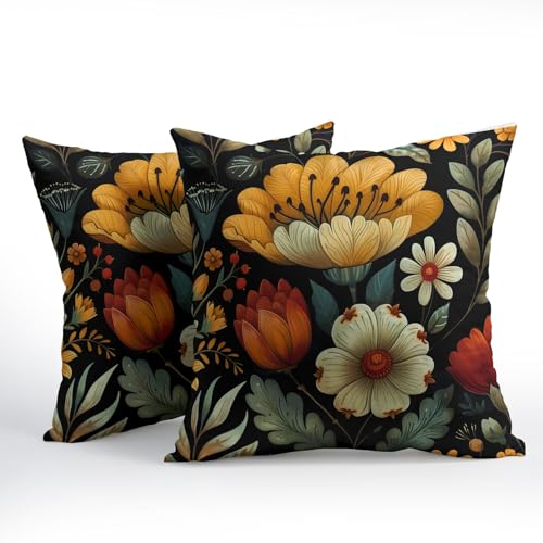 Vintage Boho Floral Pillow Covers 18x18 Inches Yellow Beige Black Throw Pillow Case Set of 2 Spring Flower Pillow Cover Cotton Linen Cushion Cover for Home Couch Sofa Bedroom Livingroom - color: Vintage Boho Floral240413, size: 18" x 18" (Pack of 2)