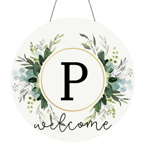 Monogram Letter P Wreaths for Front Door Wreath Wooden Welcome Sign for Front Door Decor Floral Family Last Name Initial House Warming Spring Summer Porch Rustic Wall Home Kitchen Boho Decorations - color: Letter P