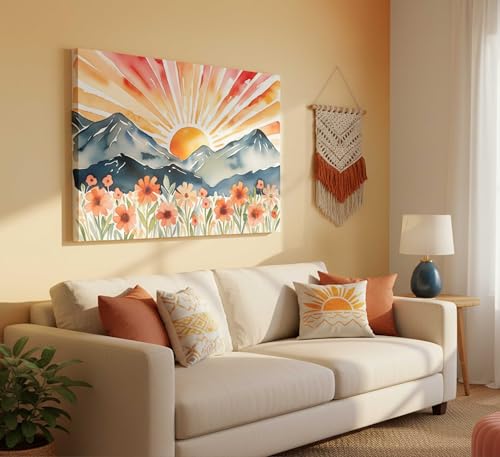 Boho Sun Canvas Wall art Mid-Century Modern Abstract Bohemian Sunset in The Mountains Watercolor Wildflowers Sunrise Landscape Picture Wall Decor Poster Print Artwork for Living Room Bedroom - size: 16"L x 12"W