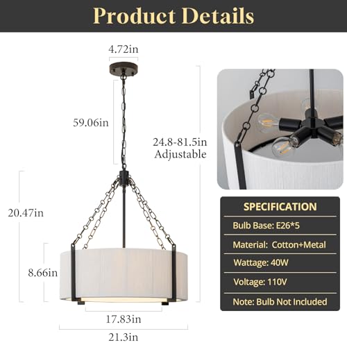 21" White Rattan Chandelier for Dining Room, 5-Light Hand Woven Boho Pendant Light Fixture Adjustable Coastal Chandeliers for Kitchen Island Living Room Bedroom Foyer Hallway, ETL Listed - color: 5-Light Black+White