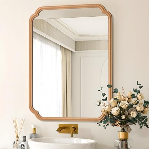 Ferytange Wood Bathroom Mirror for Over Sink, 30" x 40" Modern Rounded Corner Rectangle Wall Mirror for Bathroom Vanity Decorative with Rustic Wooden Framed (Horizontal/Vertical) - color: Natural Wood, size: 40"L x 30"W