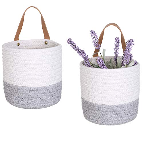 2pack Small Hanging Basket-Cotton Rope Wall Basket with Handle, Hanging Storage Baskets, Shelf Baskets Storage Bin Closet Organizer 6"×6.3", Woven Plant Basket - (White & Grey) - color: White & Grey