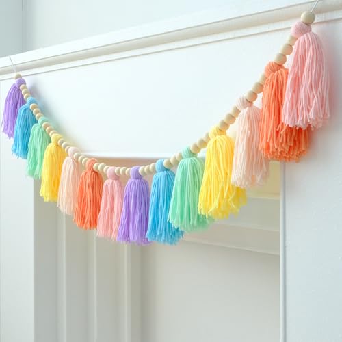 DCJHFJ Pastel Rainbow Boho Tassel Garland Wall Hanging with Wood Beads for Baby Shower Birthday Party Classroom Dorm Nursery Decor - color: Macaron