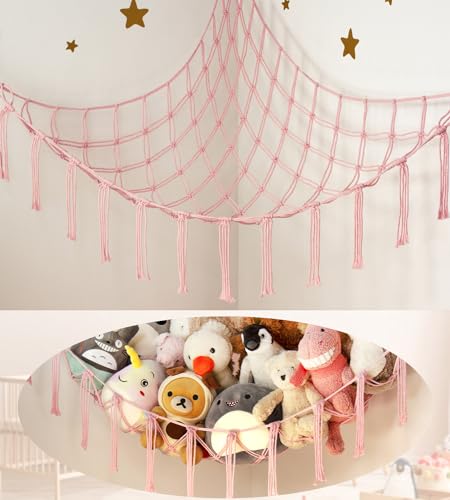 Stuffed Animal Storage Hammock Corner Net - Pink Room Christmas Decor for Teen Girls - Toys Storage Hanging Stuff Animal Organizer Holder Cute Stuff - Boho Nursery Dorm Bedoom Decor Aesthetic - color: BabyPink, size: Standard(41.5"L x 55.2"W x 41.5"H)