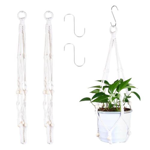 2Pcs Macrame Plant Hangers Indoor Outdoor Hanging Net Plant Basket with Wood Bead, Decorative Flower Pot Holders with 2Pcs S Hooks for Boho Home Room Balcony Garden Decor, Antique White - color: Antique White