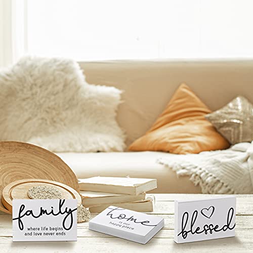 Jetec 3 Pcs Family Home Blessed Rustic Wood Sign Mini Wood Decorative Farmhouse Woodworks Table Shelves Decorations Sign for Bedroom Kitchen Living Room Table Decor(White,4.25 x 2.76 x 0.59 in) - color: White, size: 4.25 x 2.76 x 0.59 in