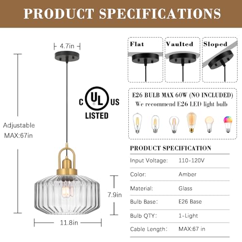 11.8in Mid Century Modern Pendant Light, Gold Large Clear Glass | Vintage Lighting Fixture Ceiling Hanging Lamp for Kitchen Island Foyer Dining Room Bedroom Entryway Hallway Over Sink Table - color: Clear & Gold Hardwire, size: 11.8in