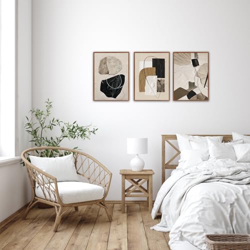 CHDITB Neutral Abstract Framed Wall Art For Living Room, Minimalist Geometric Wall Decor, 3 Piece Modern Canvas Prints, Boho Black And Beige Pictures For Living Room Hallway Stair Office Decor 12”X16” - color: Geometric
