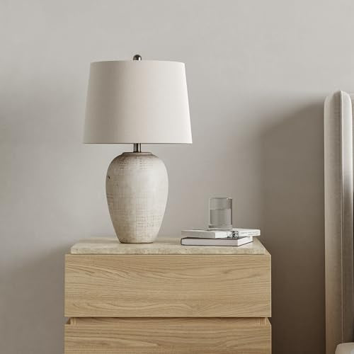 Nourison Home 23" Distressed Cream/Beige Rustic Ceramic Jar Table Lamp for Bedroom, Living Room, Dining Office, with Ivory Shade - color: Vintage Beige, size: 1 Lamp - Drum Shade