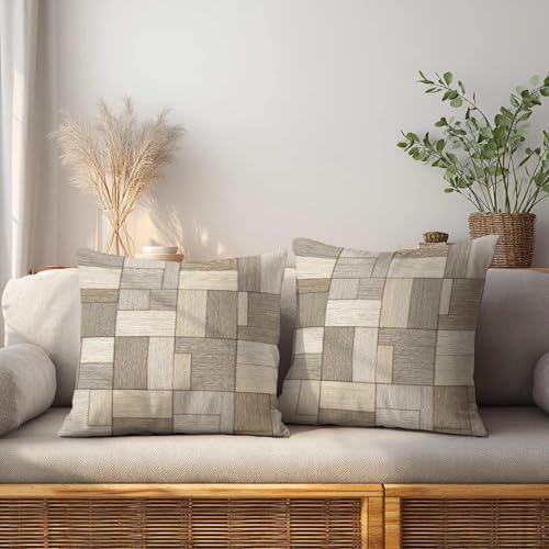 Patchwork Throw Pillow Covers 18x18 Set of 2 | Beige Taupe Decorative Cushion Covers | Neutral Farmhouse Pillow Cases for Couch Sofa Bed Living Room - color: Patch Blocks