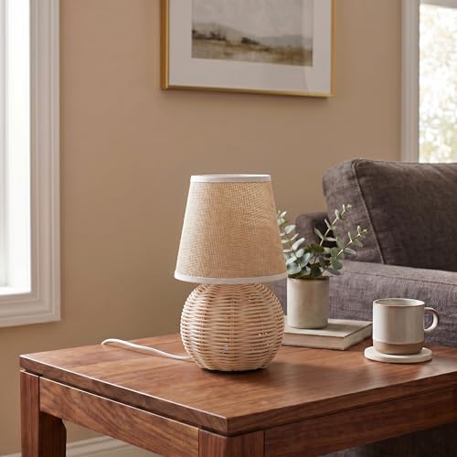 Vintage Small Wicker Lamp, Rattan Body Fabric Lampshade, Adjustable Light Color and Brightness, Power-Off Memory, Safe USB Powered, Boho Style Night Light for Bedroom Living Room (FlaxYellow) - color: FlaxYellow