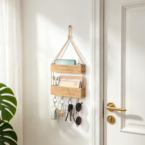 Mkono Macrame Hanging Shelf for Bedside Shelf Organizer with Hooks, Boho Wall Decor Cute Vintage Wood Floating Shelves for Girls Bedroom Dorm Nursery, Wall Storage for Phone, Remote, Accessories