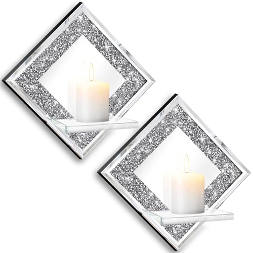 ZOLAPI Crystal Crush Diamond Wall Candle Holder Set of 2, Diamond Silver Mirrored Candle Sconces, Home Wall Decoration for Living Room, Dining Room & Bedroom. - color: Silver Mirror ◆