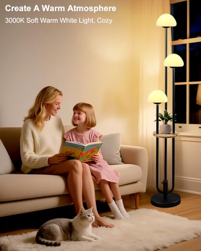 Black Dimmable Floor Lamp with Table, Modern Floor Lamps with Mushroom Shades for Living Room, 3000K Warm White Tall Standing Lamp with Bulbs& 5Lbs Heavy Base for Bedroom/Office - color: 3 Mushroom-Black