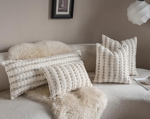 Caflife Boho Lumbar Pillow Covers 14x36 Inch Long, Farmhouse Beige Striped Textured Chenille Decorative Couch Pillow Cases, Rustic Accent Cushion Covers for Sofa Bed Living Room Bedroom, Pack of 1 - color: Beige, size: 36" x 14" (Pack of 1)