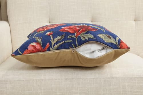 Charlotte Home Furnishings Inc Premium 18x18 Decorative Throw Pillow Cover, Coquelicots Blue Floral Tapestry Cushion Cover, Cotton Jacquard Woven Pillow Cover for Couch, Sofa, Living Room Decor - color: Coquelicots Blue
