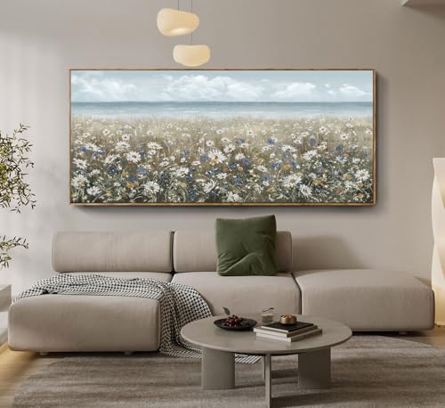 amatop Oversized Framed Canvas Wall Art 6x2.6 ft – Extra Large Farmhouse Art Work Boho Beach Coastal Ocean Nature Daisy Flowers Landscape Picture for Giant Living Room Bedroom Office Decor 71“x31” - color: Coastal Flower Sea Art, size: 71"L x 31"W