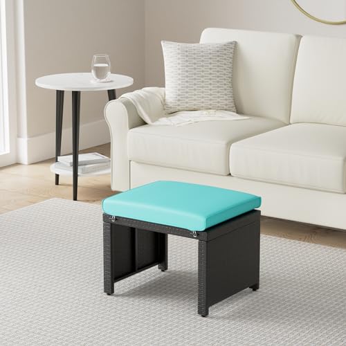 Best Choice Products Set of 2 Wicker Ottomans, Multipurpose Outdoor Furniture for Patio, Backyard, Additional Seating, Footrest, Side Table w/Removable Cushions, Steel Frame - Black/Teal - color: Black/Teal