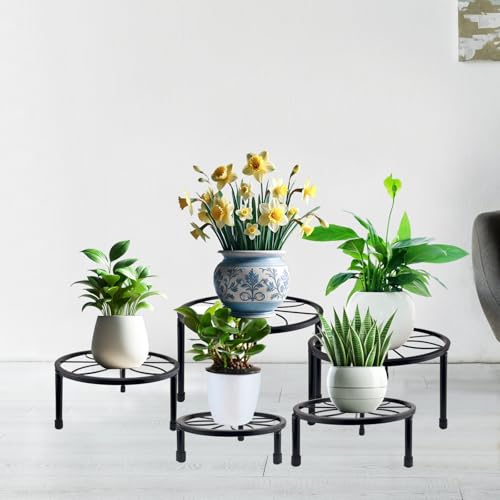 HENABLE 5 Packs Metal Plant Stand Indoor, Outdoor Black Plant Stand for Multiple Plant, Rustproof Iron Round Heavy Duty Flower Pot Stand, Plant Shelf for Planter Garden Home