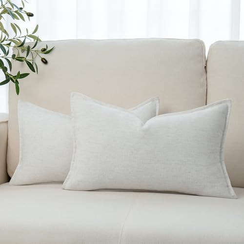 Chenille Linen Lumbar Pillow Covers 12x20 Set of 2, Thick Textured Boho Pillow Covers, Farmhouse Decorative Pillow Covers, Neutral Vintage Accent Covers for Couch Sofa Bed, Pearl White - color: Pearl White, size: 20" x 12" (Pack of 2)