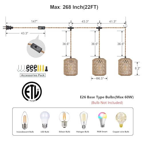 3 Lights Plug in Pendant Light with Cord On/Off Switch Rattan Hanging Lamp with 22ft Hand Woven Wicker Plug in Chandelier Boho Hanging Lights Fixture for Bedroom Kitchen Hallway Foyer - size: 3 Light